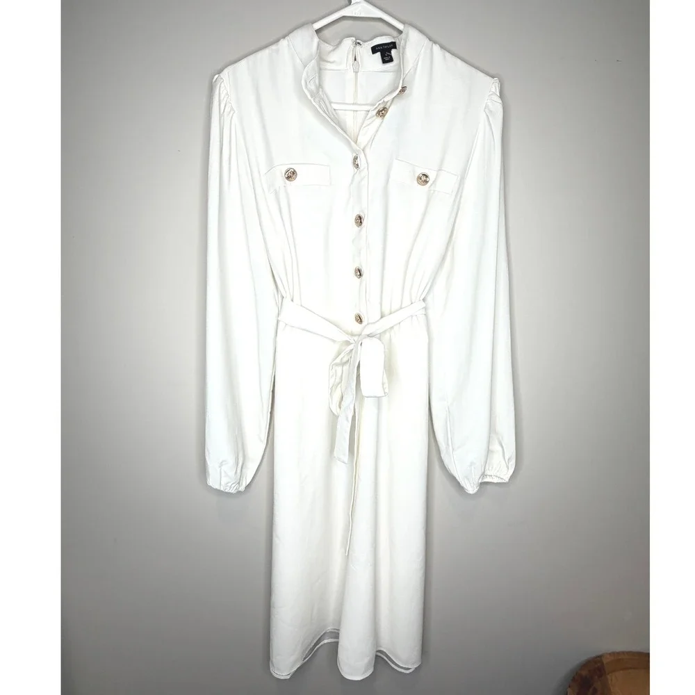 Ann Taylor Ivory Gold Button Tie Waist Midi Dress Old Money Career - Picture 2 of 11